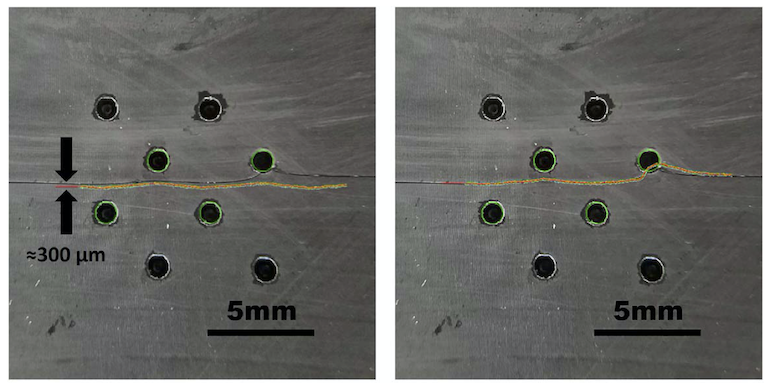 Guiding and trapping cracks using inclusions. Comparison between experiments and numerical simulations
